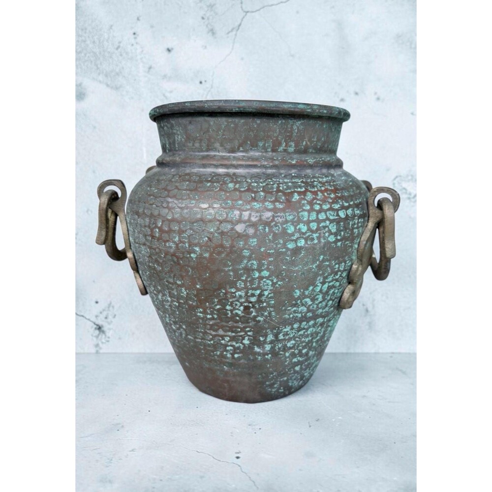 Vintage Hammered Copper Urn Vase, Verdigris Patina Planter with Brass Handles